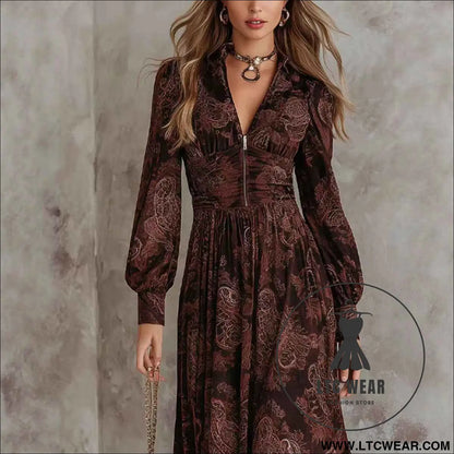 Style Vintage Print Long Sleeve V-Neck Fitted Bubble Sleeve Maxi Dress