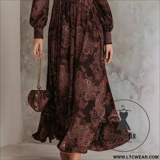 Style Vintage Print Long Sleeve V-Neck Fitted Bubble Sleeve Maxi Dress