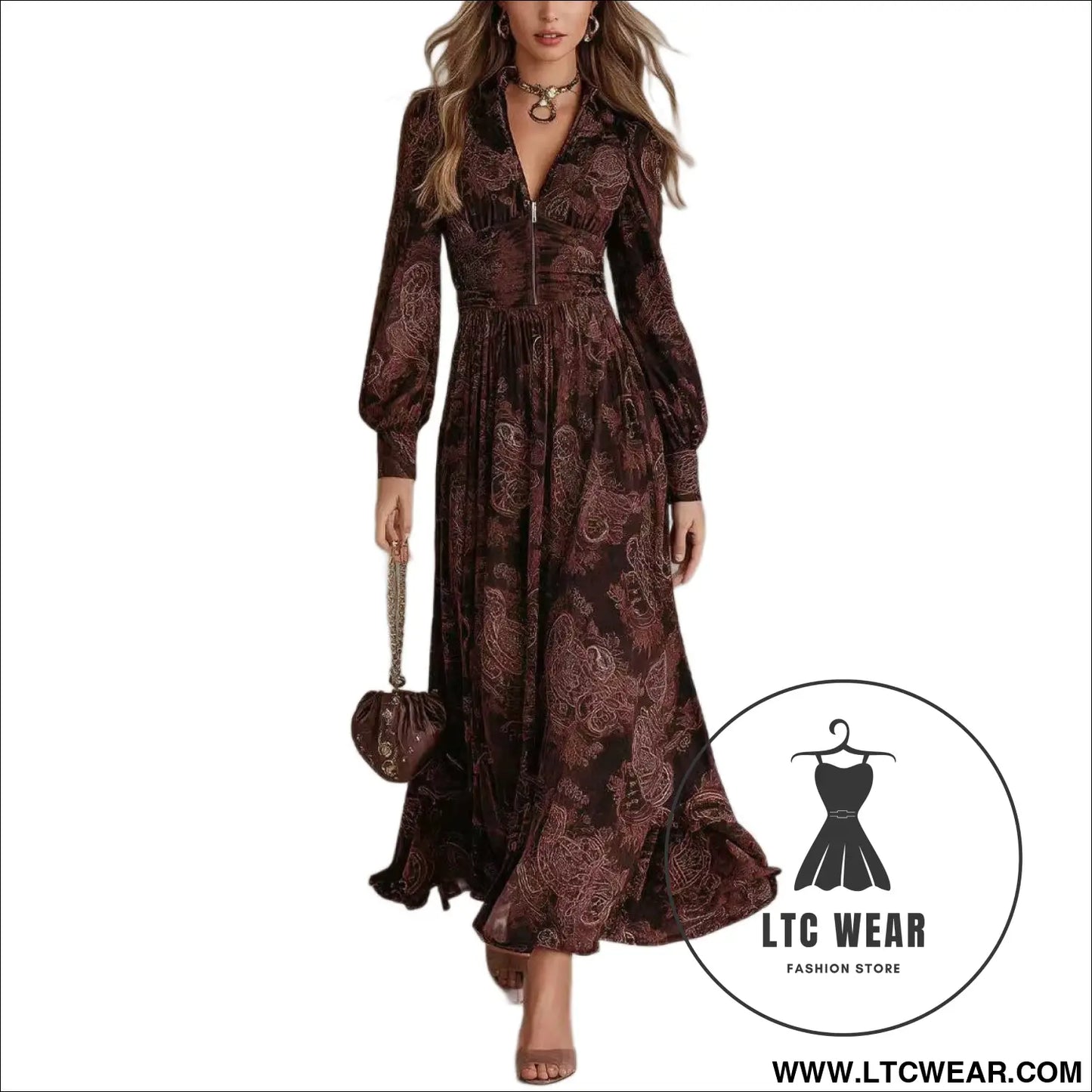 Style Vintage Print Long Sleeve V-Neck Fitted Bubble Sleeve Maxi Dress - L.T.C Wear Online Fashion Store