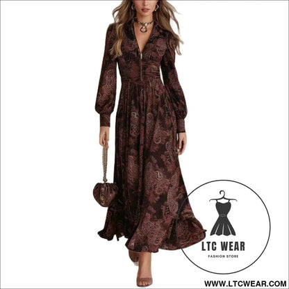 Style Vintage Print Long Sleeve V-Neck Fitted Bubble Sleeve Maxi Dress