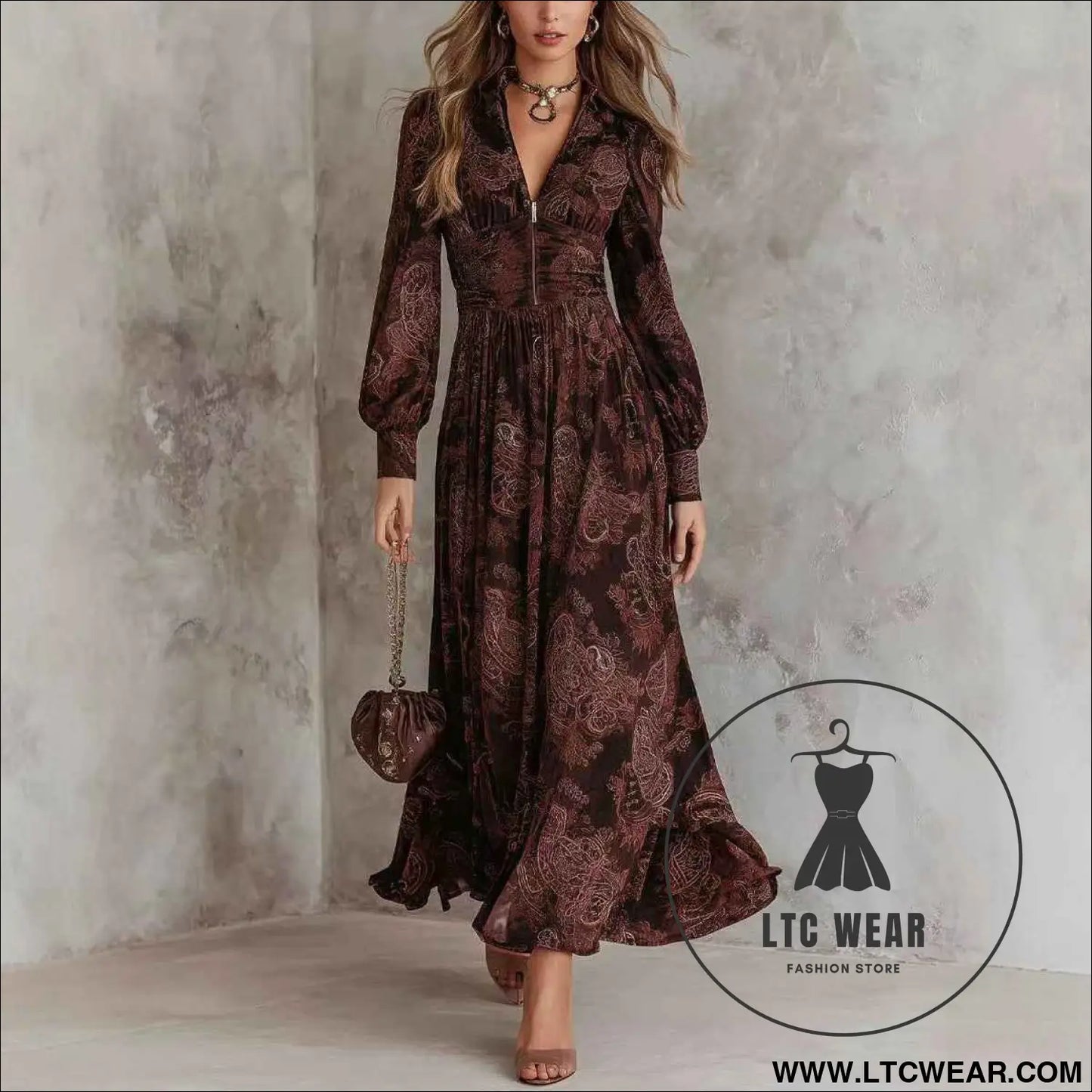 Style Vintage Print Long Sleeve V-Neck Fitted Bubble Sleeve Maxi Dress