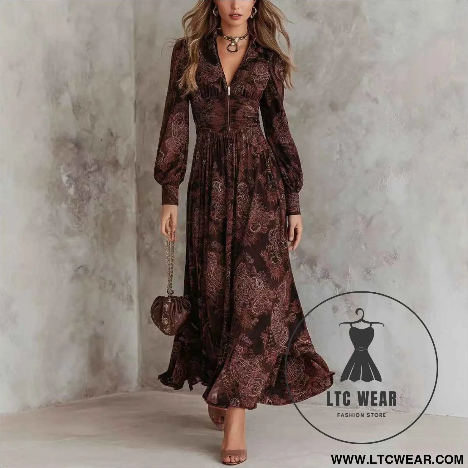 Style Vintage Print Long Sleeve V-Neck Fitted Bubble Sleeve Maxi Dress