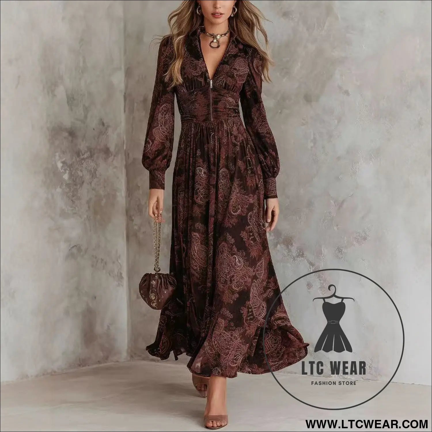 Style Vintage Print Long Sleeve V-Neck Fitted Bubble Sleeve Maxi Dress - L.T.C Wear Online Fashion Store