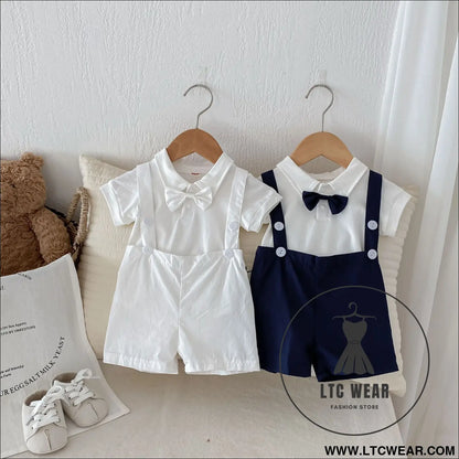 Summer baby hoodie tie suspender shorts two-piece set for gentlemen’s one month and one year old dress suspender pants