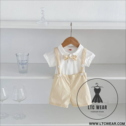 Summer baby hoodie tie suspender shorts two-piece set for gentlemen’s one month and one year old dress suspender pants