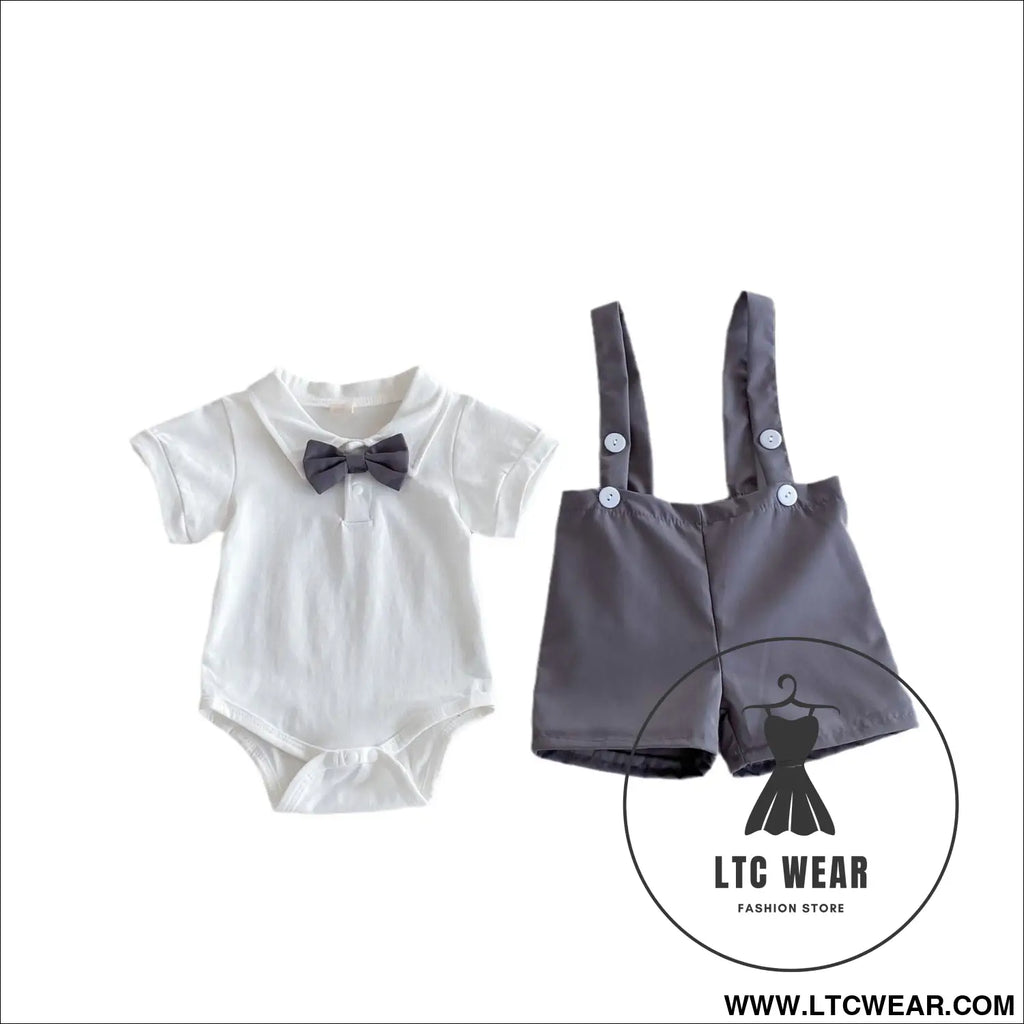 Summer baby hoodie tie suspender shorts two-piece set for gentlemen’s one month and one year old dress suspender pants