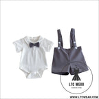 Summer baby hoodie tie suspender shorts two-piece set for gentlemen’s one month and one year old dress suspender pants