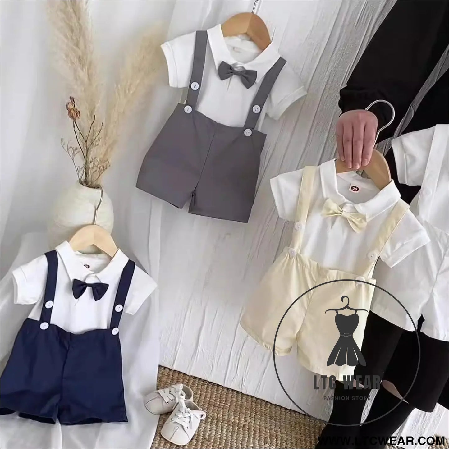 Summer baby hoodie tie suspender shorts two-piece set for gentlemen’s one month and one year old dress suspender pants