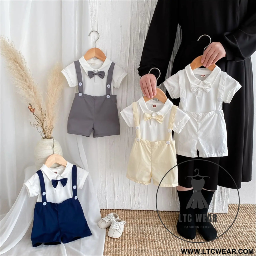 Summer baby hoodie tie suspender shorts two-piece set for gentlemen’s one month and one year old dress suspender pants