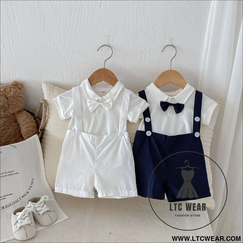 Summer baby hoodie tie suspender shorts two-piece set for gentlemen’s one month and one year old dress suspender pants