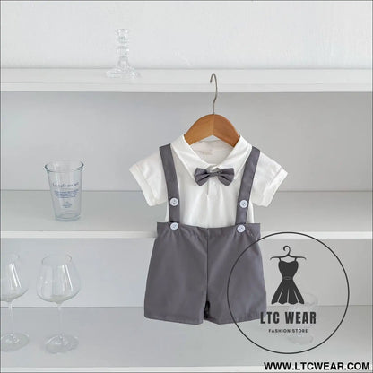 Summer baby hoodie tie suspender shorts two-piece set for gentlemen’s one month and one year old dress suspender pants