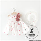 Summer girls dot strap dress baby sleeveless princess dress beach skirt free hat - pink 2 flowers / 73cm