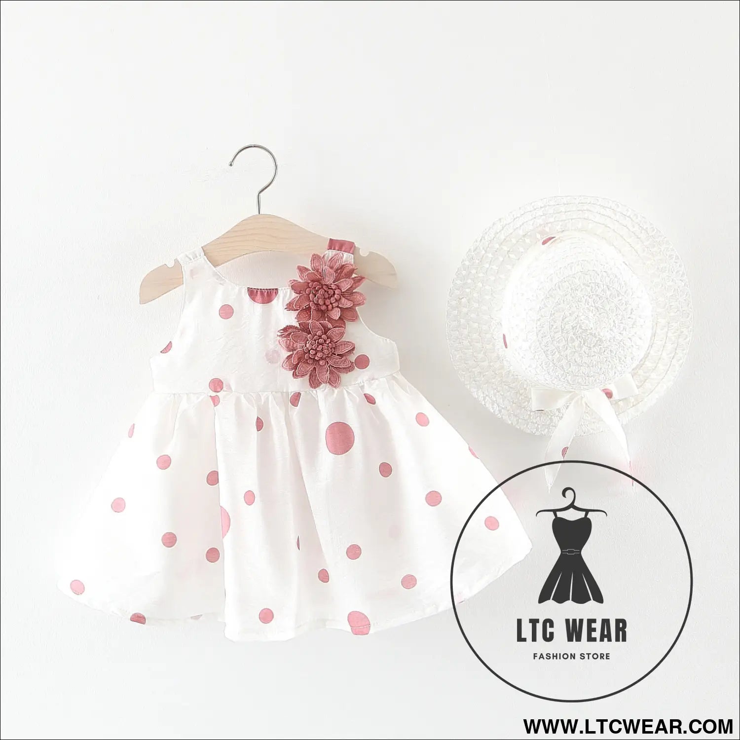 Summer girls dot strap dress baby sleeveless princess dress beach skirt free hat - pink 2 flowers / 73cm