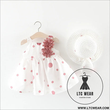 Summer girls dot strap dress baby sleeveless princess dress beach skirt free hat - pink 2 flowers / 73cm