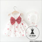 Summer girls dot strap dress baby sleeveless princess dress beach skirt free hat - pink bow / 73cm