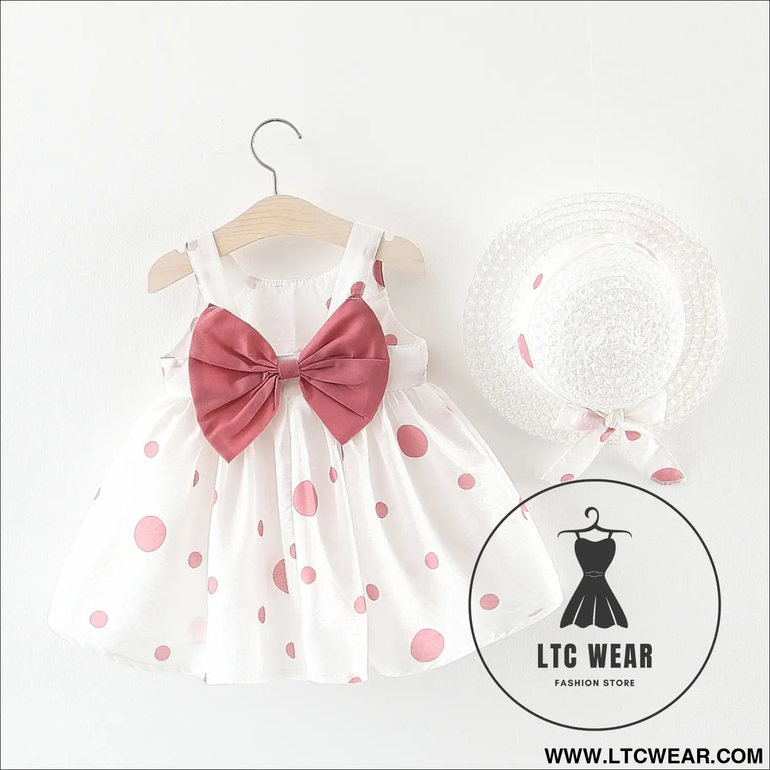 Summer girls dot strap dress baby sleeveless princess dress beach skirt free hat - pink bow / 73cm