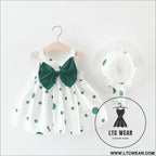 Summer girls dot strap dress baby sleeveless princess dress beach skirt free hat - green bow / 73cm