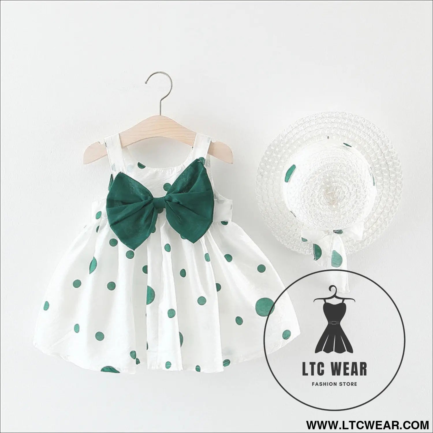 Summer girls dot strap dress baby sleeveless princess dress beach skirt free hat - green bow / 73cm