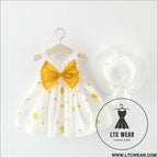 Summer girls dot strap dress baby sleeveless princess dress beach skirt free hat - yellow bow / 73cm