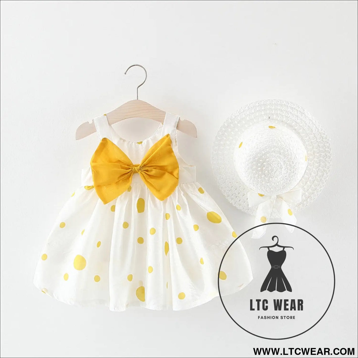 Summer girls dot strap dress baby sleeveless princess dress beach skirt free hat - yellow bow / 73cm