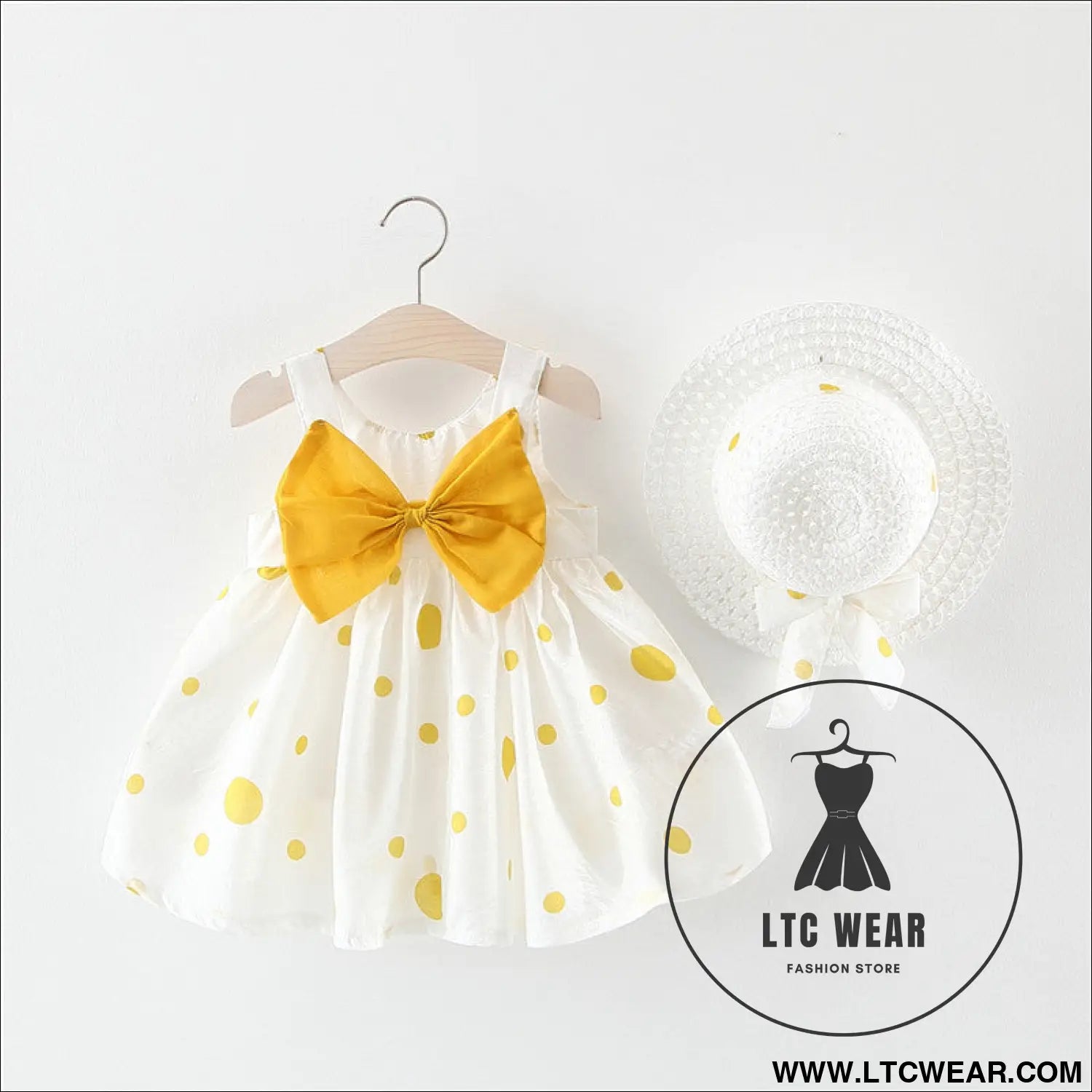 Summer girls dot strap dress baby sleeveless princess dress beach skirt free hat - yellow bow / 73cm