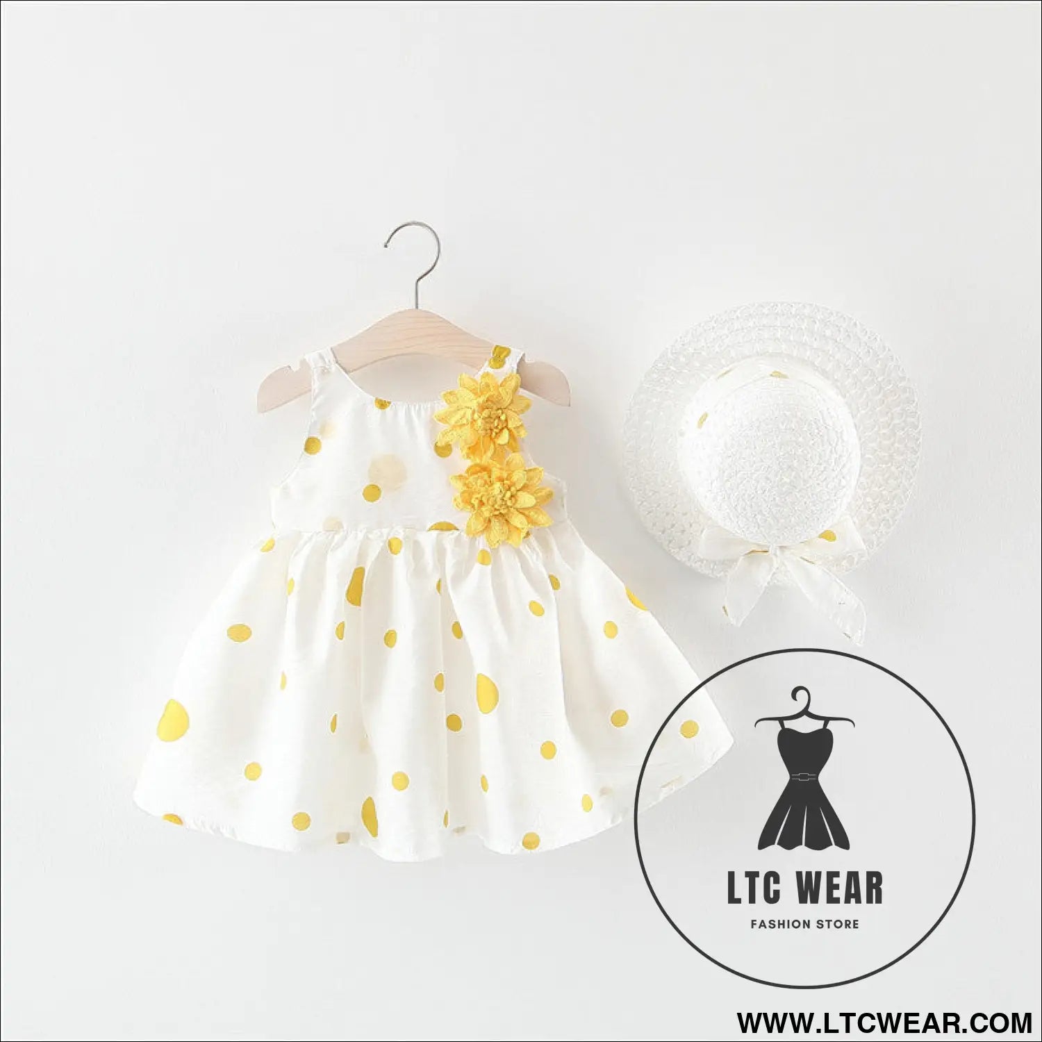 Summer girls dot strap dress baby sleeveless princess dress beach skirt free hat - yellow 2 flowers / 73cm
