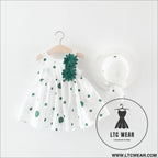 Summer girls dot strap dress baby sleeveless princess dress beach skirt free hat - green 2 flowers / 73cm