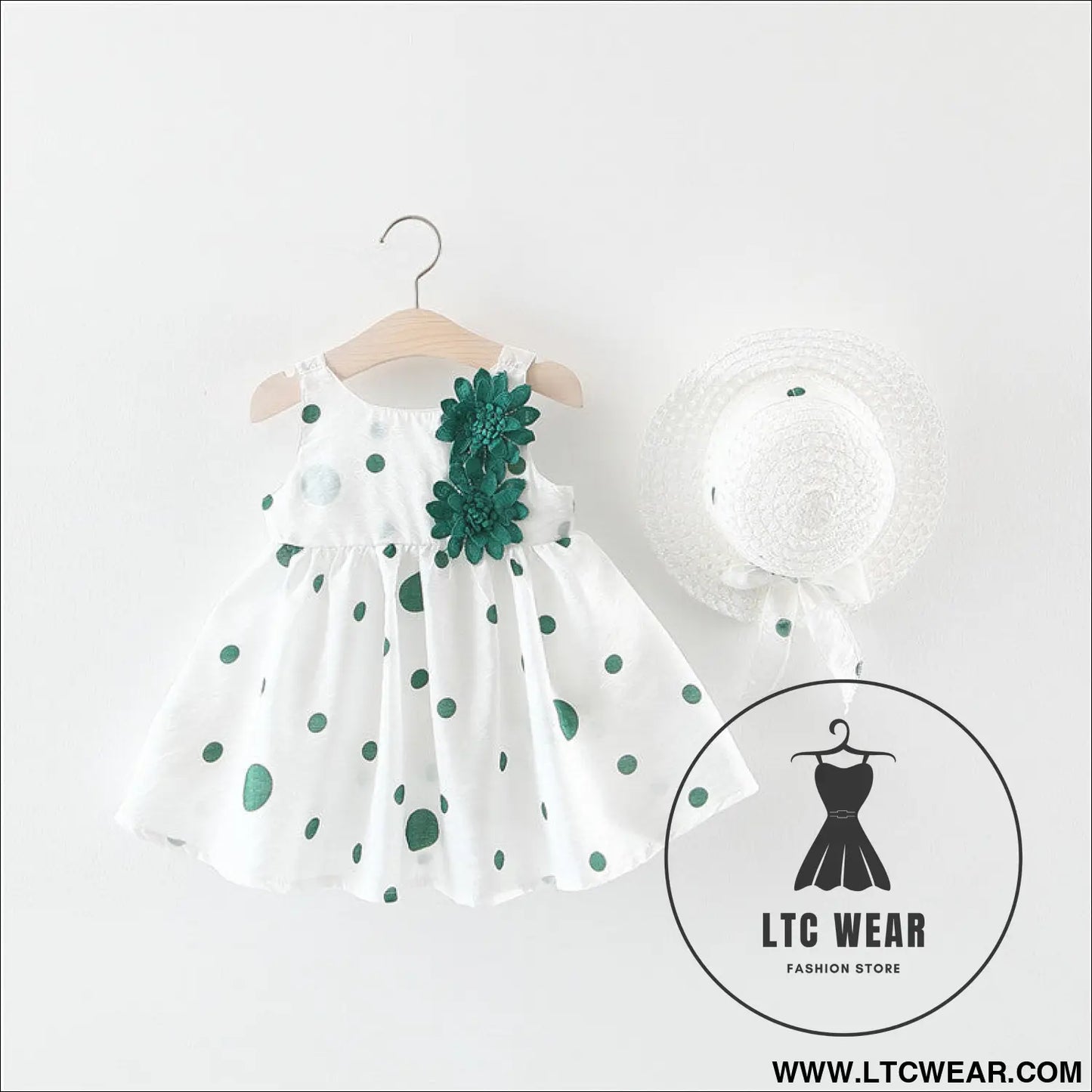 Summer girls dot strap dress baby sleeveless princess dress beach skirt free hat - green 2 flowers / 73cm