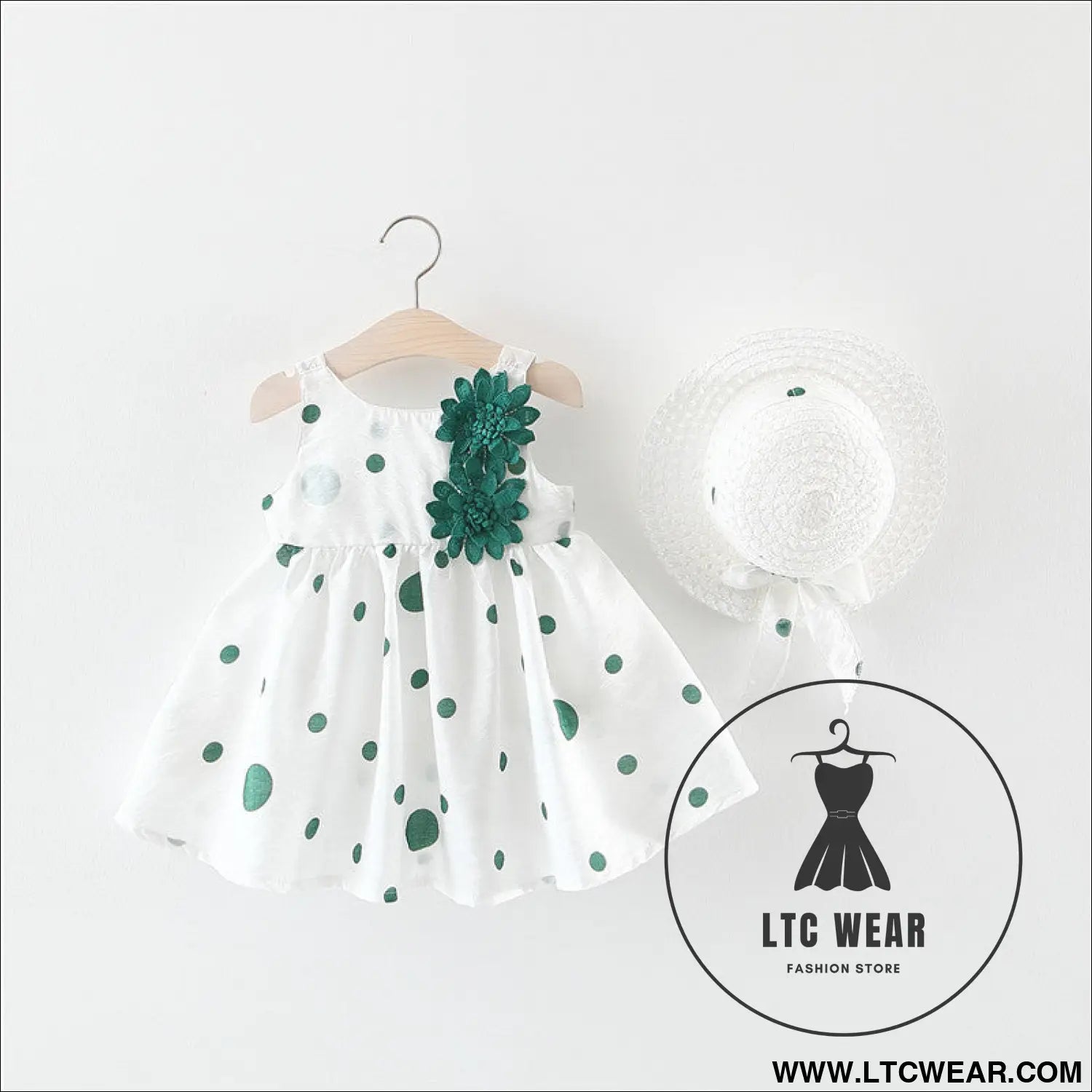 Summer girls dot strap dress baby sleeveless princess dress beach skirt free hat - green 2 flowers / 73cm