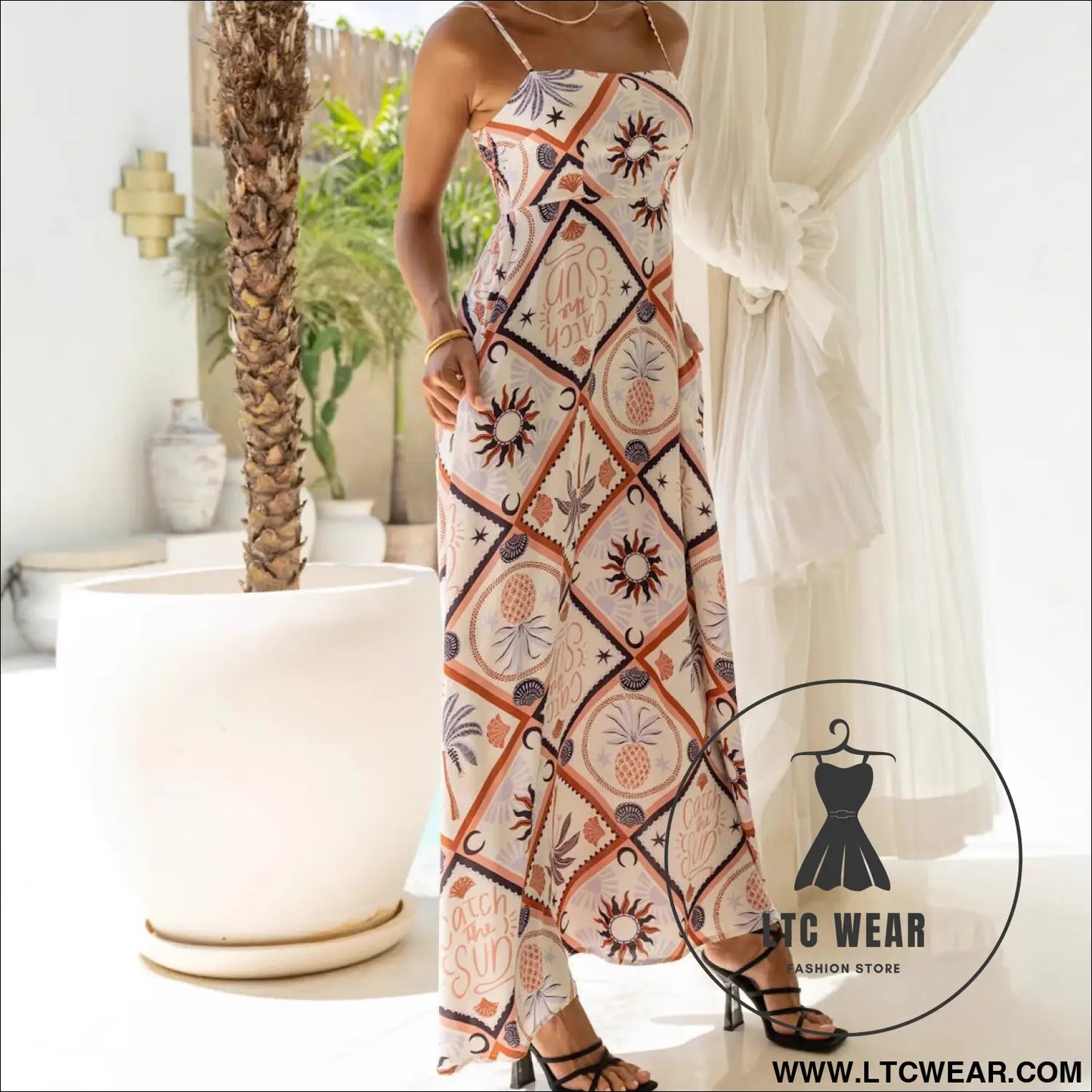 Summer strap abstract tile print long dress bohemian pocket maxi dress beach vacation flowy skirt
