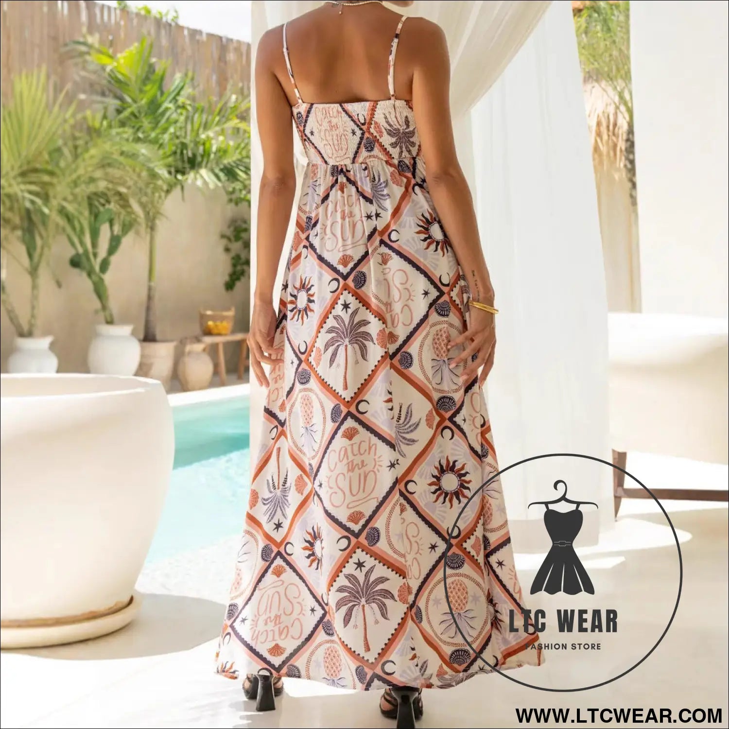 Summer strap abstract tile print long dress bohemian pocket maxi dress beach vacation flowy skirt