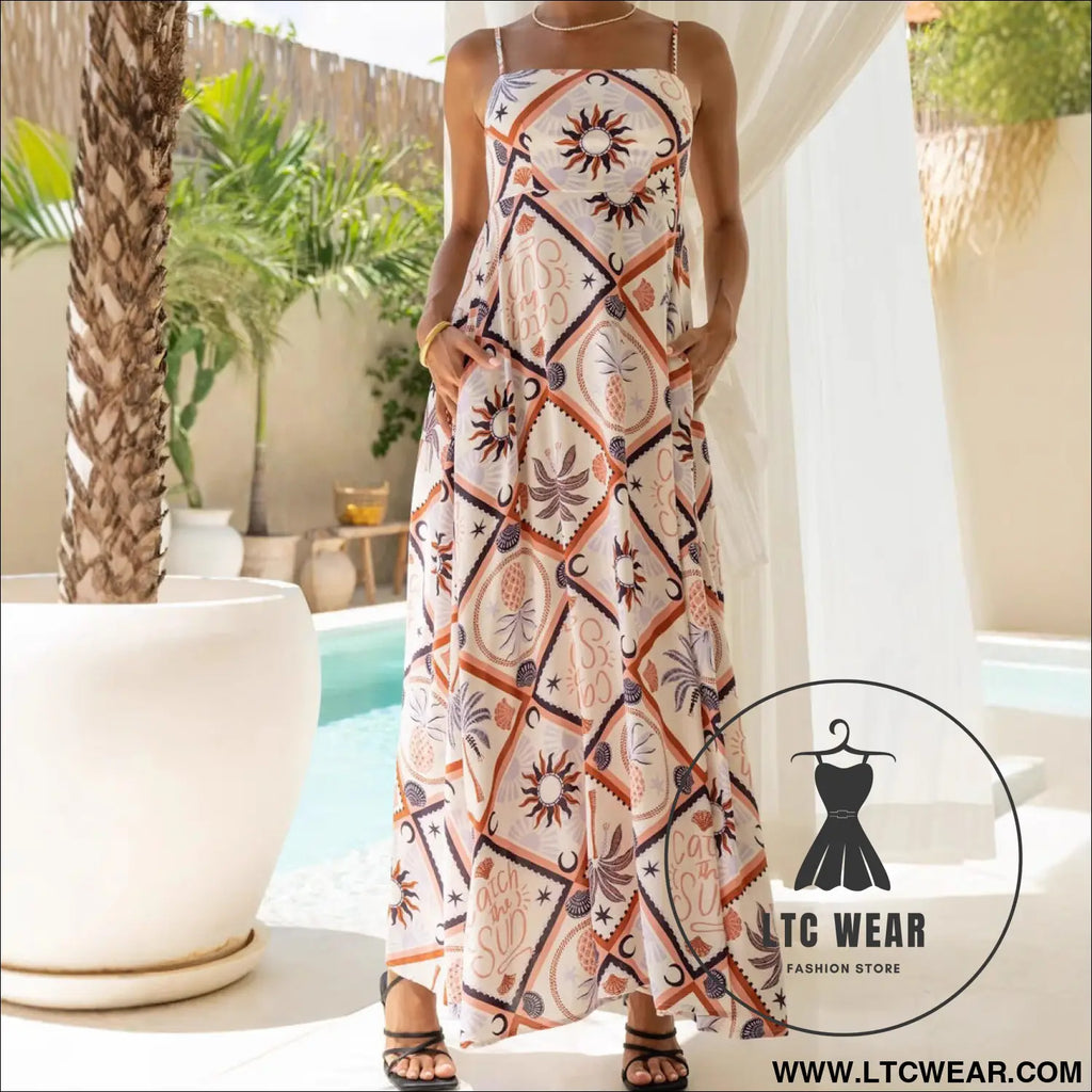 Summer strap abstract tile print long dress bohemian pocket maxi dress beach vacation flowy skirt - brown / s