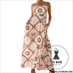 Summer strap abstract tile print long dress bohemian pocket maxi dress beach vacation flowy skirt