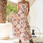 Summer strap abstract tile print long dress bohemian pocket maxi dress beach vacation flowy skirt