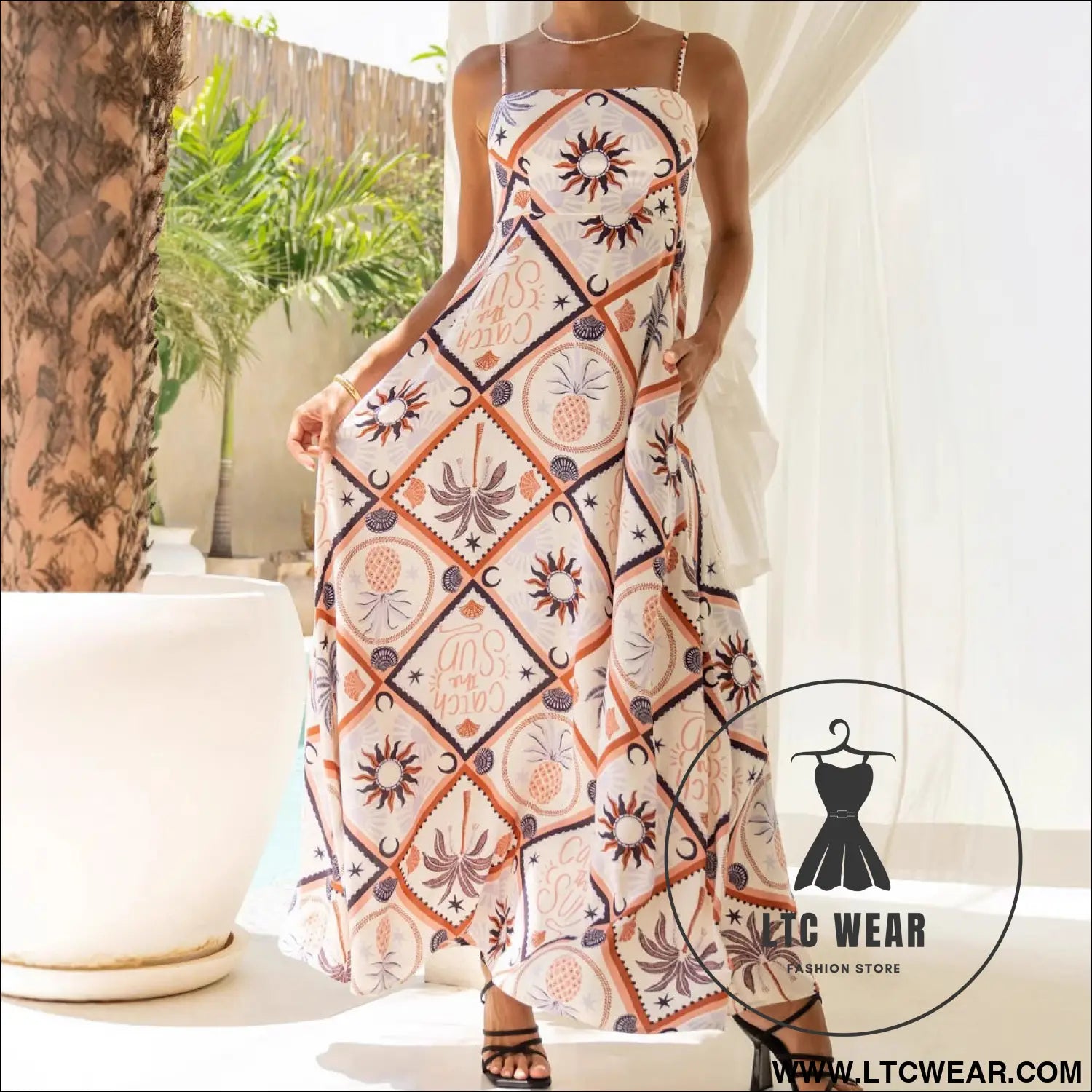 Summer strap abstract tile print long dress bohemian pocket maxi dress beach vacation flowy skirt
