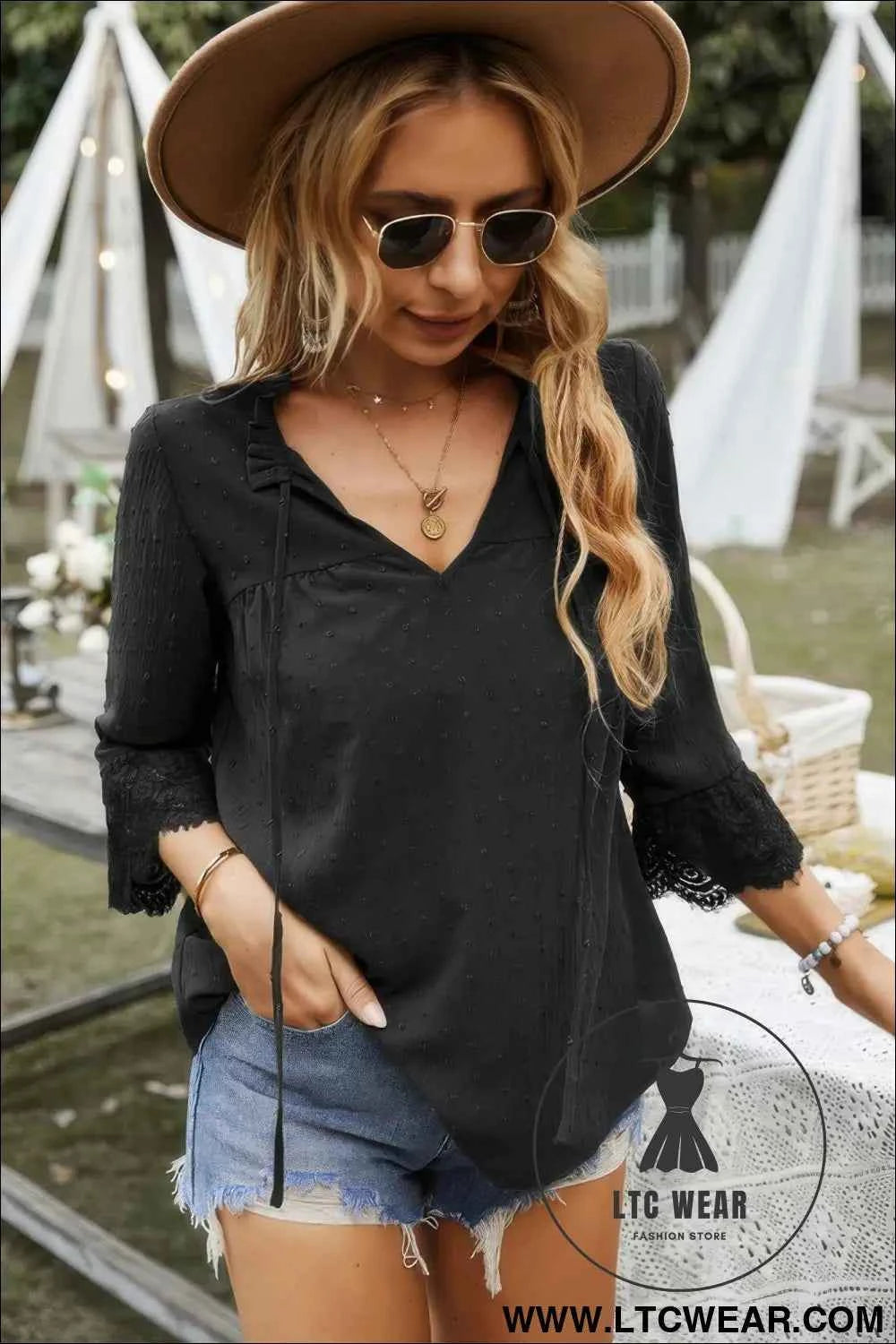 Swiss Dot Lace Splicing Sleeve V Neck Blouse