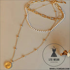 Synthetic pearl titanium steel three-layered necklace - gold / one size