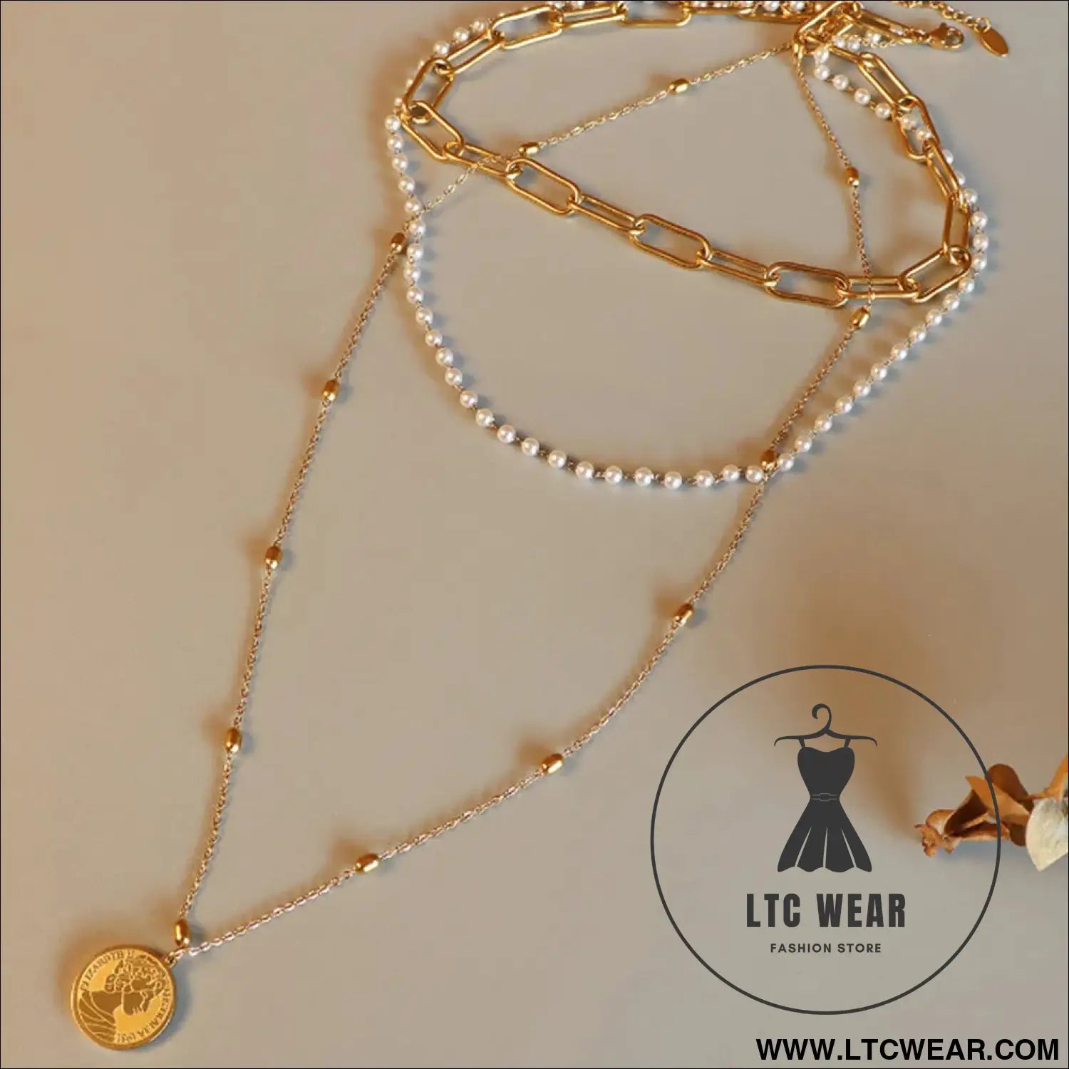 Synthetic pearl titanium steel three-layered necklace - gold / one size