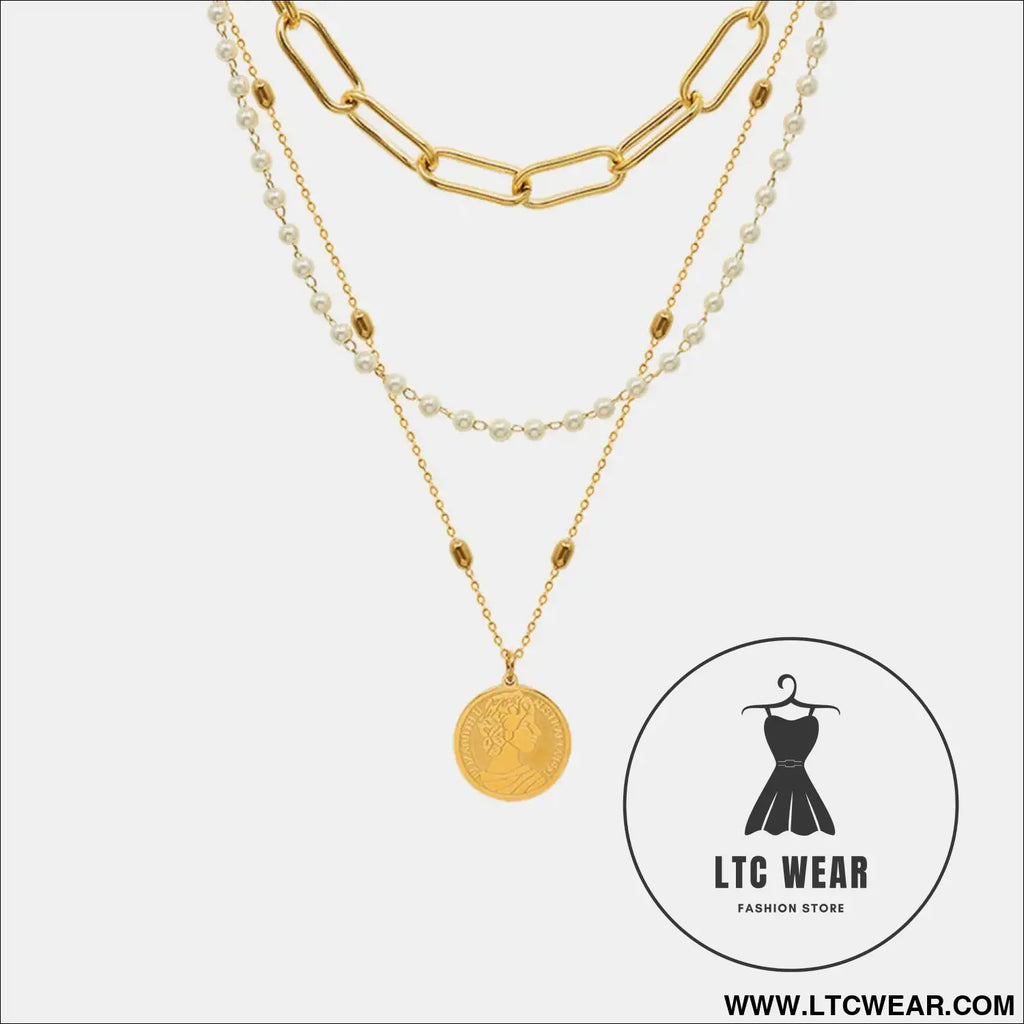 Synthetic pearl titanium steel three-layered necklace - gold / one size