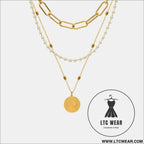 Synthetic pearl titanium steel three-layered necklace - gold / one size