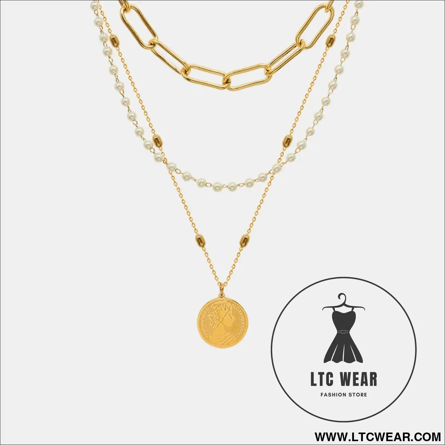 Synthetic pearl titanium steel three-layered necklace - gold / one size