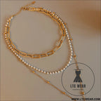 Synthetic pearl titanium steel three-layered necklace - gold / one size