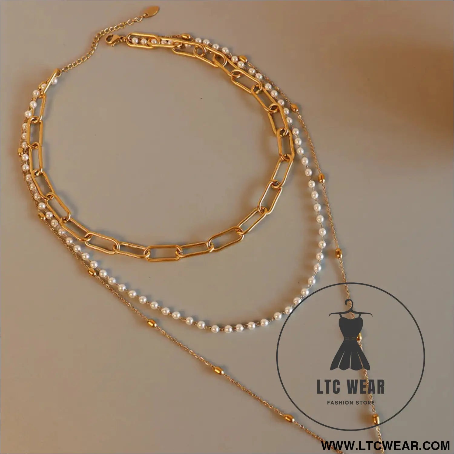 Synthetic pearl titanium steel three-layered necklace - gold / one size