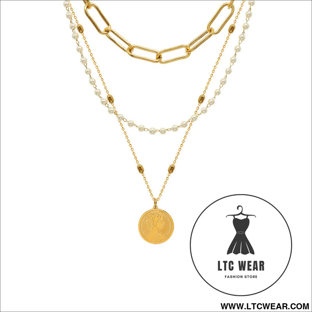 Synthetic pearl titanium steel three-layered necklace - gold / one size