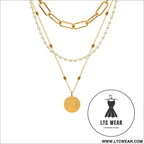 Synthetic pearl titanium steel three-layered necklace - gold / one size