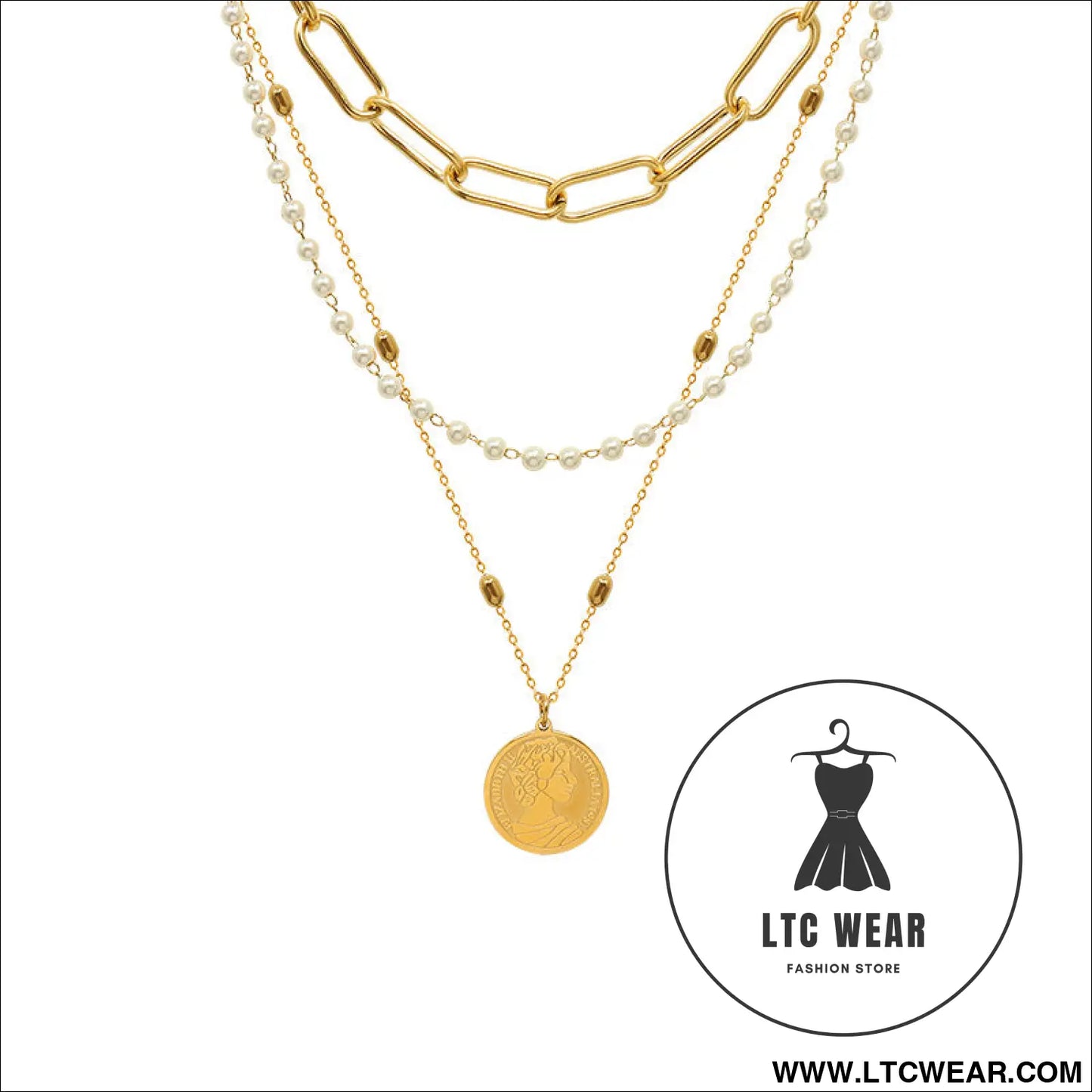 Synthetic pearl titanium steel three-layered necklace - gold / one size