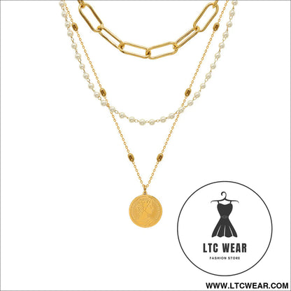 Synthetic pearl titanium steel three-layered necklace - gold / one size