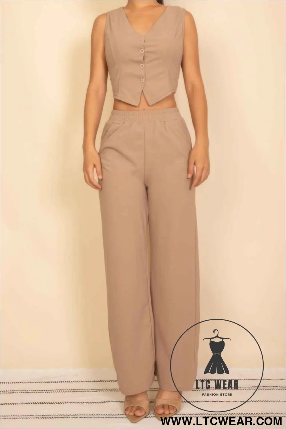 Tailored Button Vest With Adjustable Back Tie & Wide Leg Pants Set