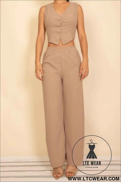 Tailored Button Vest With Adjustable Back Tie & Wide Leg Pants Set