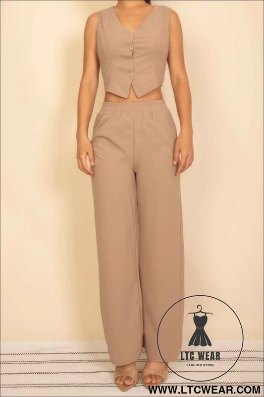 Tailored Button Vest With Adjustable Back Tie & Wide Leg Pants Set